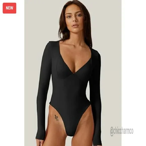 Long Sleeve V Neck Bodysuit Seamed Cup Sculpting Tops